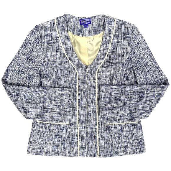 EUC Women's PENDLETON Navy/Cream Tweed Full‎ Zip Blazer Jacket | Size 10P - Picture 1 of 10